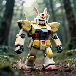 a 3 5 mm photo from the front of a yelow detail giant mecha armored war delorean robot chubby rabbit as gundam delorean walking in the woods, splash art, movie still, bokeh, canon 5 0 mm, cinematic lighting, dramatic, film, photography, depth of field, award - winning, backlighting, overcast, 8 k, hyper detailed, 3 5 mm film grain