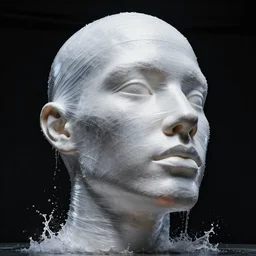 a giant abstract sculpture of a human head wrapped in cling film, in the style of chad knight, award winning, cinematic, hyper - realistic, very detailed, realistic water splashes, ray tracing, 8 k resolution, long - shot, sharp focus, low angle, 8 5 mm photograph, wide lens