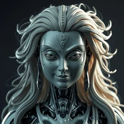 perfectly centered portrait, front view of a beautiful biomechanical android alien robot buddha, female, flowing hair, intense stare, sarcastic smile, symmetrical, concept art, intricate detail, volumetric shadows and lighting, glass sculpture,