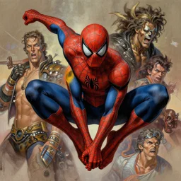 spawn, spider - man, digital painting masterpiece by frank frazetta and kim jung gi and mœbius and mike mignola, 4 k wallpaper, highly detailed, intricate brush strokes