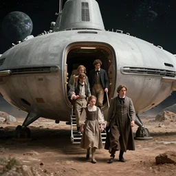 detailed, sharp, still from a sci fi movie made in 2022, set in 1860, of a family leaving a spaceship, that has just landed on an alien planet, wearing 1850s era clothes, cinematic lighting, 4k, HD