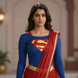 A young Indian woman as Supergirl, wearing a costume inspired by a sari, tv still