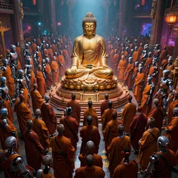 Cyberpunk cyborg buddha being worshipped by a huge congregation of robot monks. Wide angle, Hyper realistic, award winning, vivid volumetric dramatic lighting. Rendered with unreal engine