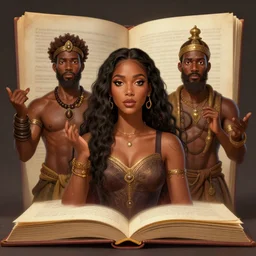 realistic portrait of a brown female and three brown male characters summoned from inside a book like genies, aesthetic!!, trending on artstation, detailed digital art