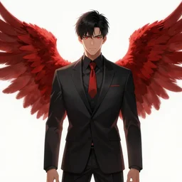 a man in black suit with red wings, glowing eyes, highly detailed, qichao wang, artgram, cushart krenz, zeronis, trending on artstation, soft light, sharp edges, illustration, character design, concept art