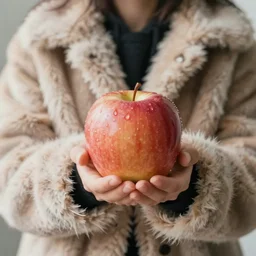 an apple wearing a fur coat food fashion photography medium format short depth of field