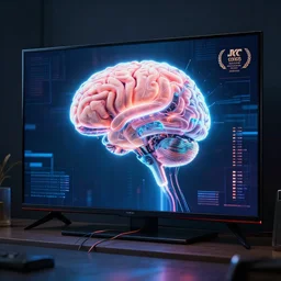 glowing cybernetic brain hooked up with wires to a giant flat screen tv, style of moebius, james jean, mcbess, cinematic, highly detailed, award winning, 8 k photorealistic