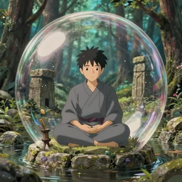hyperrealist interior shot from howls moving castle ( 2 0 0 4 ) of a grey monk meditating inside cubic bubble in a woodland flooded stonehenge. bubble. cartoon depth of field.