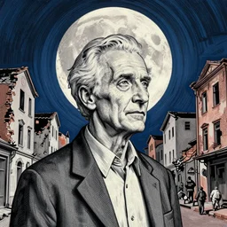 old white - headed man under the huge moon on a street of ruined city by alexander mandradjiev, part by beksinski, part by takato yamamoto, part by austin osman spare, part by edward hopper, part by mark ryden, part by tsutomu nihei, very coherent, baroque elements, perfect anatomy, intricate design. pop art.