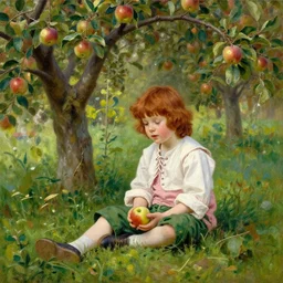 wide - shot, 1 0 years old boy with slightly wavy red hair, wearing white and pink shirt with laces! and green!! shorts, 1 8 th century, holding an apple, sitting!!! in the wild garden with apple trees, digital art, oil painting, masterpiece, by greg rutkowski, by mucha, by kinkade