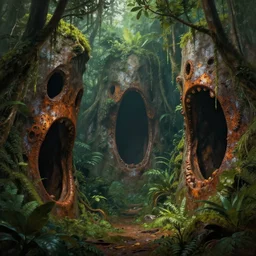 shrouded in the jungle are the mouths of the rusty caves of golgotha, chrome's graveyard, matte oil painting, by frank herbert, retrofutistic, science fantasy, rpg, epic, extremely detailed, sharp focus, 4 k