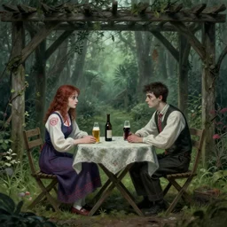 girl and boy sitting at table in garden. on the table there is beer and wine. folk horror style art. detailed. arbour. eerie