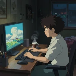 beautiful scene render of a person sitting at a desk, looking at monitor, steaming coffee on desk, dimly lit bedroom, perfectly shaded, atmospheric lighting, style of makoto shinkai and peter mohrbacher, studio ghibli. artgerm, karol bak, beeple, animation style, 8 k hd, ultra wide angle, hyper detailed
