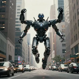 VFX movie of a flying dark futuristic robot cyborg superhero with 6 arms levitating on New York street, atmospheric , by Emmanuel Lubezki