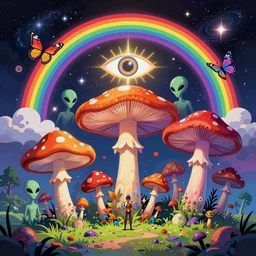 psychedelic mushrooms, enchanted alien world, mushrooms on the ground, aliens, galaxy in the sky, butterflies, occult, illuminati, third eye, rainbows, bright colors, psychedelic, fish eye lens, vector art, bla bla bla, stuff and things, fantasy poster by helen huang and frank frazetta and salvador dali and norman rockwell, anime style