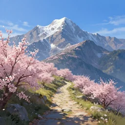 mountain, path, blue sky. bloom, lighting. fantasy, digital painting, hd, detailed.