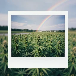 very beautiful polaroid photo of a cannabis field near a pond on a clear day with a rainbow