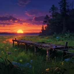 a beautiful hyperdetailed render of wharf abandoned by jean - baptiste - camille corot, dieselpunk thermal vision retrowave bladerunner 2 0 4 9 reclaimed by nature sunset at dawn studio ghibli nightsky meadow laser vaporwave at dusk darkacademia at night anime fisheye otherworldly forest nature, archdaily, wallpaper, highly detailed, trending on artstation.