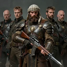 portrait of handsome, haunted, brown - bearded far - future resistance fighter wearing partial byzantine power armor and shemagh carrying slender laser rifle with bayonet by greg rutkowski, deak ferrand, anato finnstark, and rembrandt