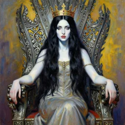 painting of a beautiful black haired woman with pale skin and a crown on her head sat on an intricate metal throne, illustration, artistic, colourful, hyper detailed, in the style of greg rutkowski,