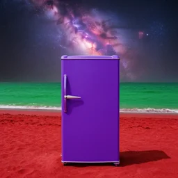 purple refrigerator, red sand beach, green ocean, nebula sunset