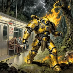 runs away from men on the subway and forest, composition gothic and futuristic, warhammer, cyber japan armor, more scars, yellow, fire storm, thunderstorm, the middle ages, highly detailed, artstation, moebius, jugendstil and classic japanese print, art rene magritte and robert mccall
