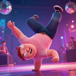 beautiful expressive close - up worm's eye view digital art of ( ( ( peter griffin breakdancing, expressive posing, cool!!!! ) in a disco, out of focus, flashing lights and colours, trending on artstation, beautiful lighting, hyper detailed, 4 k, high quality, smooth, sharp focus