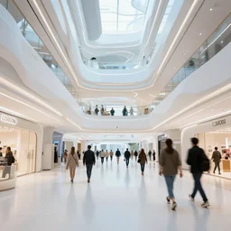 the interior of a futuristic mall with people walking around, sci-fi, 4k