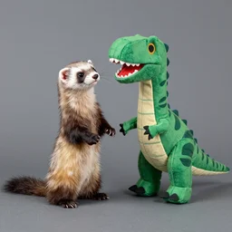 a puppet of a ferret, a puppet of a dinosaur