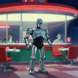 robocop visits the nighthawks diner, style of hopper