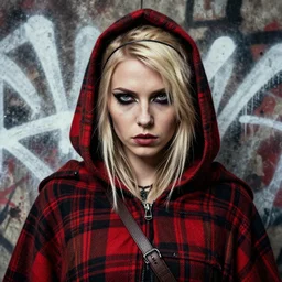 highly detailed closeup portrait of a sewer punk swedish female assassin, tartan cloak, blonde hair with headband by atey ghailan, by greg rutkowski, by greg tocchini, by james gilleard, by joe fenton, by kaethe butcher, gradient red, black, brown and white color scheme, grunge aesthetic!!! white graffiti tag wall background