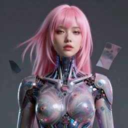 portrait of a beautiful woman with pink hair as a cyberpunk cyborg, sci - fi, missing panels, intricate abstract upper body intricate artwork, by tooth wu, wlop, beeple, dan mumford. concept art, octane render, deviantart, greg rutkowski, cinematic, key art, hyperrealism, iridescent accents