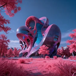 building by robert venturi, poppy synthwave infrared reclaimed by nature at spring universe evil azeroth at dusk uv light, archdaily, wallpaper, highly detailed, trending on artstation.
