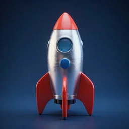a cute space rocket made of shiny plastic and aluminium - professional photo studio - unreal 5 - artstation trending - vintage design - dark bleu background - vignette