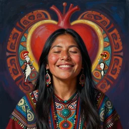 a beautiful portrait of an indigenous female shaman smiling with eyes closed feeling deep love for herself, a heart in the background, symetrical ayahuasca design, designed by dr seuss and michal karcz, by cyril rolando and asher durand and natalie shau
