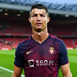 cropped portrait photo of cristiano ronaldo in old trafford soccer stadium, realistic proportions, dramatic lighting, high detail 4 k