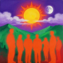 a painting of an infared scheme of orange and red mirroring the shape of the people, sun, and moon in the sky, backed by green mountains alongside purple and white cloud, by weta digital, by weta fx, graphic novel, spray paint, hyperspectral imaging, technicolor