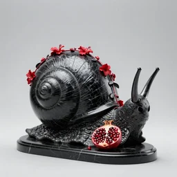 snail prism, hollow knight, pomegranade, naval,  horns, wide angle, italian masterpiece, Ashford Black Marble, sculpture, baroque, draped with red Hibiscus and vines and spines, marble and gold, drapes, white details, beetle, still life, Obsidian, portrait, chariot, black and white stripes in the background, render, artstation, ultra detailed