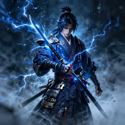 character design, extremely detailed samurai shinigami with a katana, blue lightning, blue mist, fog, scary, mysticism, intricate, volumetric lighting, photorealistic, cinematic, hyper realistic, octane render, 8 k, wide angle
