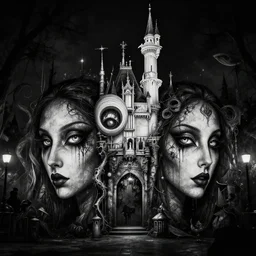 a dark and deadly night at disneyland, black and white, perfect eyes, detailed faces, outsider art, esoteric art,