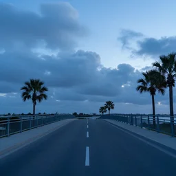 blue hour, mostly cloudy sky, palm trees, bridge, curved bridge, dusk, 2 4 0 p footage, 2 0 0 6 youtube video, 2 0 0 6 photograph, low quality photo, home video