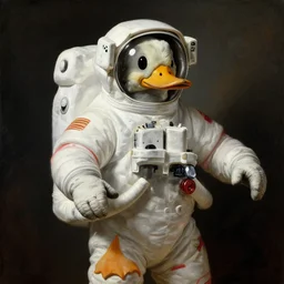 duck astronaut, proudly posing for a portrait, heroic, painted by rembrandt, intricate, detailed, atmospheric lighting.