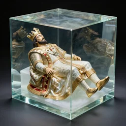 a completely transparent glass cube in which the king's body has been perfectly preserved. he is dressed in all his regal finery. his body is beautifully preserved and the display is magnficent. the body is as though he were still alive. he is frozen in time.