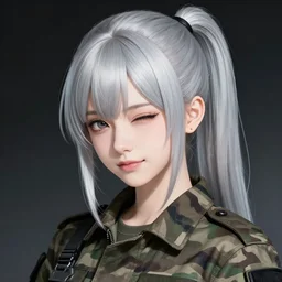 girl, silver hair (ponytail), winking, multicam (camo), trending on artstation, detailed, cinematic portrait, ilustration by Takehiko Inoue (((and Yoann Lossel)))
