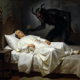 the pope laying down in his bed, terrified, because a double horned shadow demon is in the the bedroom. highly detailed painting by gaston bussiere, greg rutkowski, craig mullins 8 k