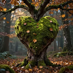 enchanted heart old tree, moss, autumn leaves, by peter lik