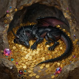 a black dragon, sleeping on a hoard of gold in it's den. a final fantasy oil painting of a massive cavern littered with gemstones and coin mounds by john avon. a colored - pencil drawing by thomas cole, terese nielsen, and edvard escher guay, magical high - fantasy illustration, trending on artstation