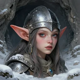 a young female goblin wearing a helmet in a snowy desolte cave, large head, digital illustration, very detailed, art by greg rutkowski, post - communist era, fantasy art, high quality, intricate, elegant