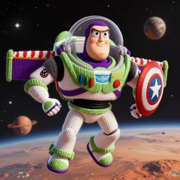 a photorealistic photograph of a knitted Buzz Lightyear themed Captain America flying through outer space, Mars in distance - Trending on Artstation, featured on Behance, well-rendered, Unreal Engine, 4K HD