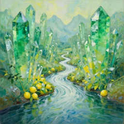 lemon juice river flowing through enormous, mountainous, glistening emerald crystal formations, abstract landscape, oil on canvas, 4 k desktop wallpaper, trending on artstation